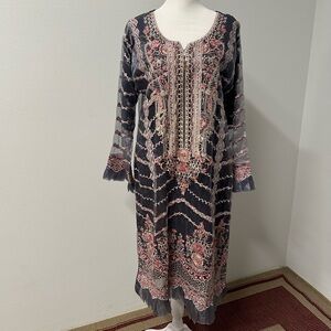 Embroidered Formal Kameez Set – Charcoal & Blush – Size L
